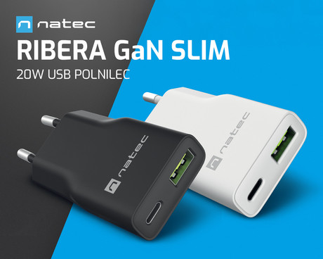 Natec RIBERA GaN SLIM polnilec, 20W, 1x USB-A, 1x USB-C, PD 3.0, QC 3.0, protokol PPS, univerzalna kompatibilnost, tehnologija GaN, varnostne zaščite, 83x38x16mm, bel