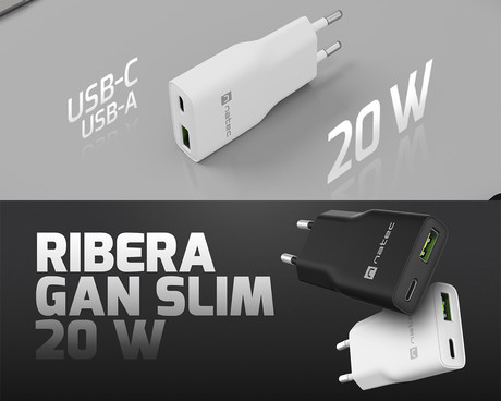 Natec RIBERA GaN SLIM polnilec, 20W, 1x USB-A, 1x USB-C, PD 3.0, QC 3.0, protokol PPS, univerzalna kompatibilnost, tehnologija GaN, varnostne zaščite, 83x38x16mm, bel