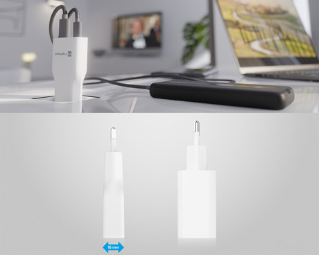 Natec RIBERA GaN SLIM polnilec, 20W, 1x USB-A, 1x USB-C, PD 3.0, QC 3.0, protokol PPS, univerzalna kompatibilnost, tehnologija GaN, varnostne zaščite, 83x38x16mm, bel
