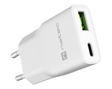 Natec RIBERA GaN SLIM polnilec, 20W, 1x USB-A, 1x USB-C, PD 3.0, QC 3.0, protokol PPS, univerzalna kompatibilnost, tehnologija GaN, varnostne zaščite, 83x38x16mm, bel