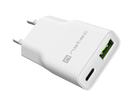Natec RIBERA GaN SLIM polnilec, 20W, 1x USB-A, 1x USB-C, PD 3.0, QC 3.0, protokol PPS, univerzalna kompatibilnost, tehnologija GaN, varnostne zaščite, 83x38x16mm, bel