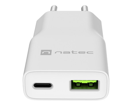 Natec RIBERA GaN SLIM polnilec, 20W, 1x USB-A, 1x USB-C, PD 3.0, QC 3.0, protokol PPS, univerzalna kompatibilnost, tehnologija GaN, varnostne zaščite, 83x38x16mm, bel