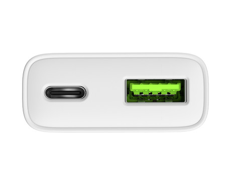 Natec RIBERA GaN SLIM polnilec, 20W, 1x USB-A, 1x USB-C, PD 3.0, QC 3.0, protokol PPS, univerzalna kompatibilnost, tehnologija GaN, varnostne zaščite, 83x38x16mm, bel