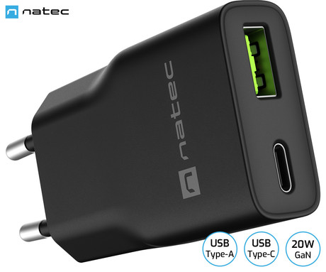Natec RIBERA GaN SLIM polnilec, 20W, 1x USB-A, 1x USB-C, PD 3.0, QC 3.0, protokol PPS, univerzalna kompatibilnost, tehnologija GaN, varnostne zaščite, 83x38x16mm, črn