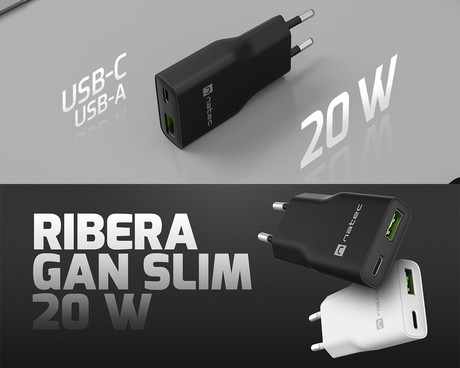 Natec RIBERA GaN SLIM polnilec, 20W, 1x USB-A, 1x USB-C, PD 3.0, QC 3.0, protokol PPS, univerzalna kompatibilnost, tehnologija GaN, varnostne zaščite, 83x38x16mm, črn
