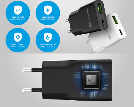 Natec RIBERA GaN SLIM polnilec, 20W, 1x USB-A, 1x USB-C, PD 3.0, QC 3.0, protokol PPS, univerzalna kompatibilnost, tehnologija GaN, varnostne zaščite, 83x38x16mm, črn