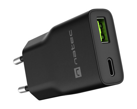 Natec RIBERA GaN SLIM polnilec, 20W, 1x USB-A, 1x USB-C, PD 3.0, QC 3.0, protokol PPS, univerzalna kompatibilnost, tehnologija GaN, varnostne zaščite, 83x38x16mm, črn