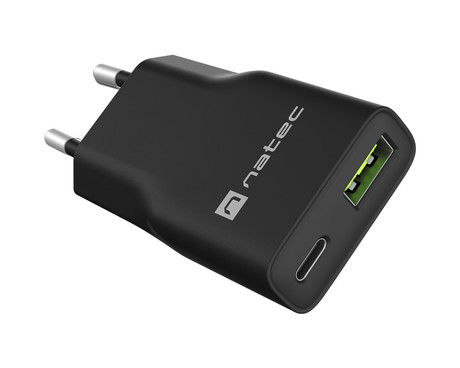 Natec RIBERA GaN SLIM polnilec, 20W, 1x USB-A, 1x USB-C, PD 3.0, QC 3.0, protokol PPS, univerzalna kompatibilnost, tehnologija GaN, varnostne zaščite, 83x38x16mm, črn
