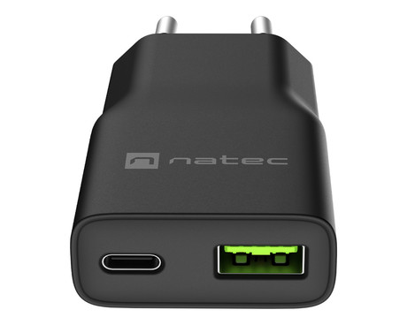 Natec RIBERA GaN SLIM polnilec, 20W, 1x USB-A, 1x USB-C, PD 3.0, QC 3.0, protokol PPS, univerzalna kompatibilnost, tehnologija GaN, varnostne zaščite, 83x38x16mm, črn