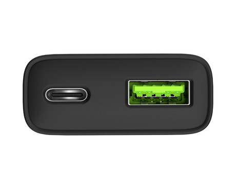 Natec RIBERA GaN SLIM polnilec, 20W, 1x USB-A, 1x USB-C, PD 3.0, QC 3.0, protokol PPS, univerzalna kompatibilnost, tehnologija GaN, varnostne zaščite, 83x38x16mm, črn