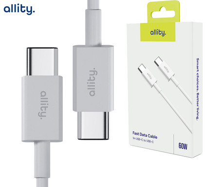 ALLITY AUC-03 kabel, USB-C na USB-C, 60W, 1m, univerzalni, polnjenje / napajanje / prenos podatkov, Plug&Play, odporen TPU/TPE, +Velcro trak, bel