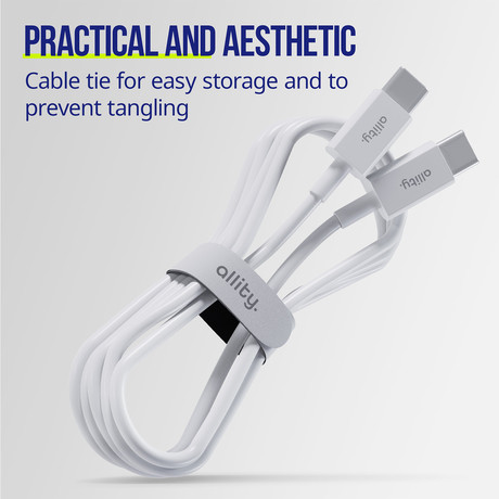 ALLITY AUC-03 kabel, USB-C na USB-C, 60W, 1m, univerzalni, polnjenje / napajanje / prenos podatkov, Plug&Play, odporen TPU/TPE, +Velcro trak, bel