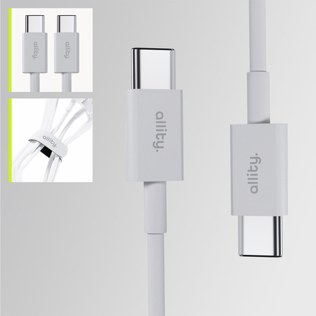 ALLITY AUC-03 kabel, USB-C na USB-C, 60W, 1m, univerzalni, polnjenje / napajanje / prenos podatkov, Plug&Play, odporen TPU/TPE, +Velcro trak, bel