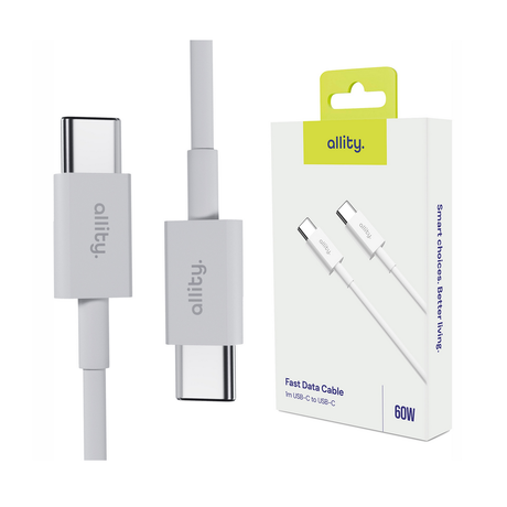 ALLITY AUC-03 kabel, USB-C na USB-C, 60W, 1m, univerzalni, polnjenje / napajanje / prenos podatkov, Plug&Play, odporen TPU/TPE, +Velcro trak, bel