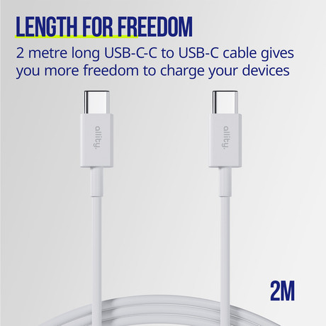ALLITY AUC-03 kabel, USB-C na USB-C, 60W, 2m, univerzalni, polnjenje / napajanje / prenos podatkov, Plug&Play, odporen TPU/TPE, +Velcro trak, bel