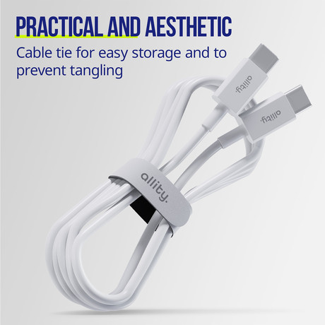 ALLITY AUC-03 kabel, USB-C na USB-C, 60W, 2m, univerzalni, polnjenje / napajanje / prenos podatkov, Plug&Play, odporen TPU/TPE, +Velcro trak, bel