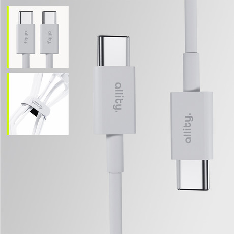 ALLITY AUC-03 kabel, USB-C na USB-C, 60W, 2m, univerzalni, polnjenje / napajanje / prenos podatkov, Plug&Play, odporen TPU/TPE, +Velcro trak, bel