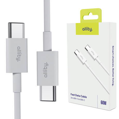 ALLITY AUC-03 kabel, USB-C na USB-C, 60W, 2m, univerzalni, polnjenje / napajanje / prenos podatkov, Plug&Play, odporen TPU/TPE, +Velcro trak, bel