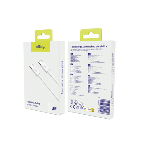 ALLITY AUC-03 kabel, USB-C na USB-C, 60W, 2m, univerzalni, polnjenje / napajanje / prenos podatkov, Plug&Play, odporen TPU/TPE, +Velcro trak, bel