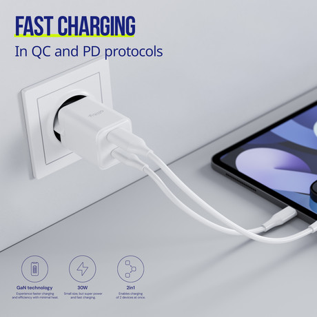ALLITY ATC-01 GaN polnilec, 30W, 1x USB-C, 1x USB-A, Power Delivery, Quick Charge, polnjenje / napajanje, univerzalna kompatibilnost, Plug&Play, tehnologija GaN, črn