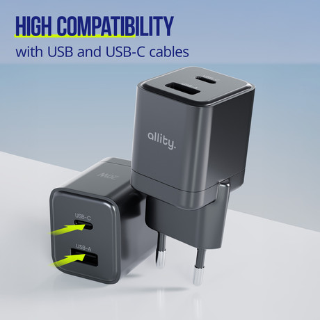 ALLITY ATC-01 GaN polnilec, 30W, 1x USB-C, 1x USB-A, Power Delivery, Quick Charge, polnjenje / napajanje, univerzalna kompatibilnost, Plug&Play, tehnologija GaN, črn