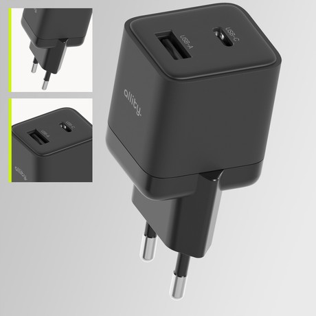 ALLITY ATC-01 GaN polnilec, 30W, 1x USB-C, 1x USB-A, Power Delivery, Quick Charge, polnjenje / napajanje, univerzalna kompatibilnost, Plug&Play, tehnologija GaN, črn