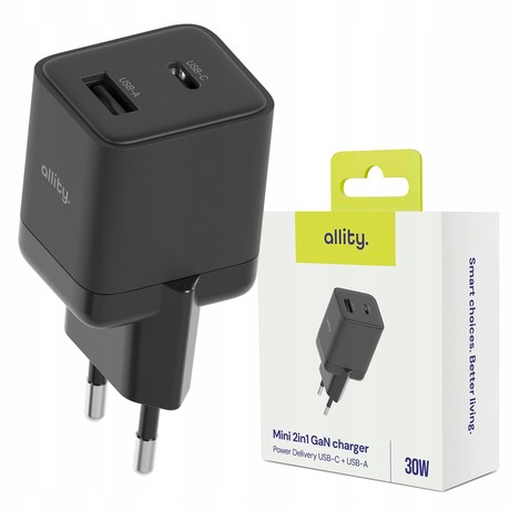 ALLITY ATC-01 GaN polnilec, 30W, 1x USB-C, 1x USB-A, Power Delivery, Quick Charge, polnjenje / napajanje, univerzalna kompatibilnost, Plug&Play, tehnologija GaN, črn