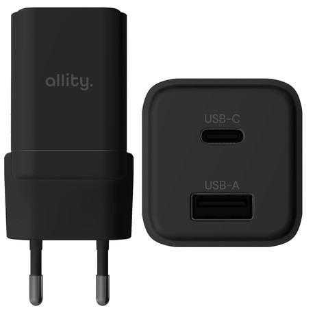 ALLITY ATC-01 GaN polnilec, 30W, 1x USB-C, 1x USB-A, Power Delivery, Quick Charge, polnjenje / napajanje, univerzalna kompatibilnost, Plug&Play, tehnologija GaN, črn