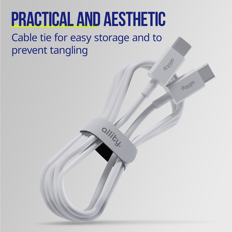 ALLITY AUC-03 kabel, USB-C na USB-C, 100W, 1m, univerzalni, polnjenje / napajanje / prenos podatkov, Plug&Play, odporen TPU/TPE, +Velcro trak, bel