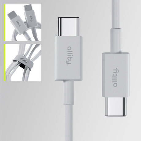 ALLITY AUC-03 kabel, USB-C na USB-C, 100W, 1m, univerzalni, polnjenje / napajanje / prenos podatkov, Plug&Play, odporen TPU/TPE, +Velcro trak, bel