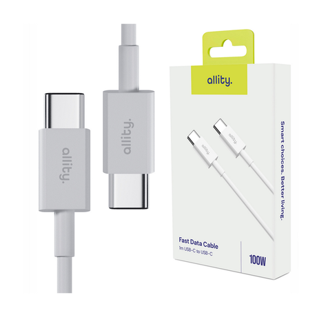 ALLITY AUC-03 kabel, USB-C na USB-C, 100W, 1m, univerzalni, polnjenje / napajanje / prenos podatkov, Plug&Play, odporen TPU/TPE, +Velcro trak, bel