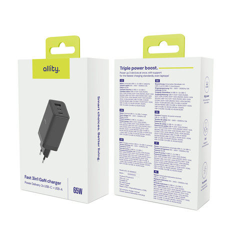 ALLITY ATC-01 GaN polnilec, 65W, 2x USB-C, 1x USB-A, Power Delivery, Quick Charge, polnjenje / napajanje, univerzalna kompatibilnost, Plug&Play, tehnologija GaN, črn