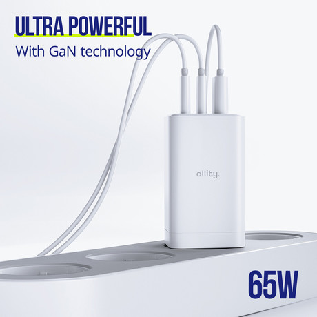 ALLITY ATC-01 GaN polnilec, 65W, 2x USB-C, 1x USB-A, Power Delivery, Quick Charge, polnjenje / napajanje, univerzalna kompatibilnost, Plug&Play, tehnologija GaN, črn