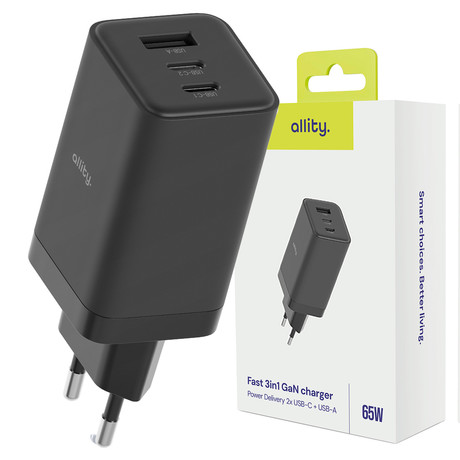 ALLITY ATC-01 GaN polnilec, 65W, 2x USB-C, 1x USB-A, Power Delivery, Quick Charge, polnjenje / napajanje, univerzalna kompatibilnost, Plug&Play, tehnologija GaN, črn