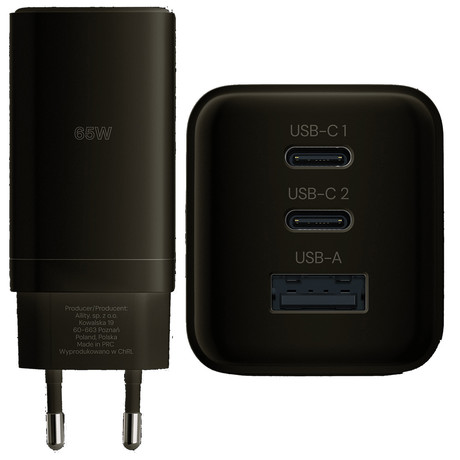ALLITY ATC-01 GaN polnilec, 65W, 2x USB-C, 1x USB-A, Power Delivery, Quick Charge, polnjenje / napajanje, univerzalna kompatibilnost, Plug&Play, tehnologija GaN, črn