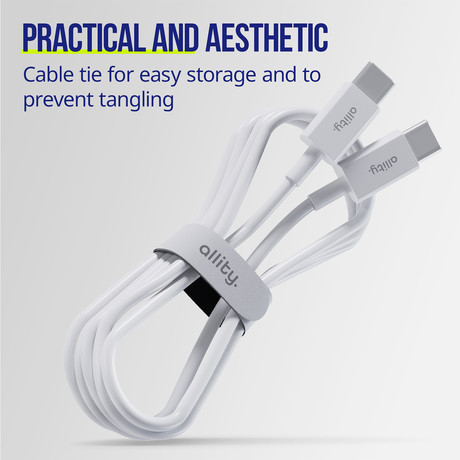 ALLITY AUC-03 kabel, USB-C na USB-C, 100W, 2m, univerzalni, polnjenje / napajanje / prenos podatkov, Plug&Play, odporen TPU/TPE, +Velcro trak, bel