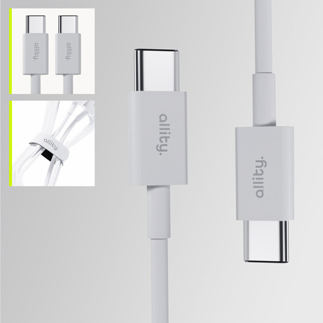 ALLITY AUC-03 kabel, USB-C na USB-C, 100W, 2m, univerzalni, polnjenje / napajanje / prenos podatkov, Plug&Play, odporen TPU/TPE, +Velcro trak, bel