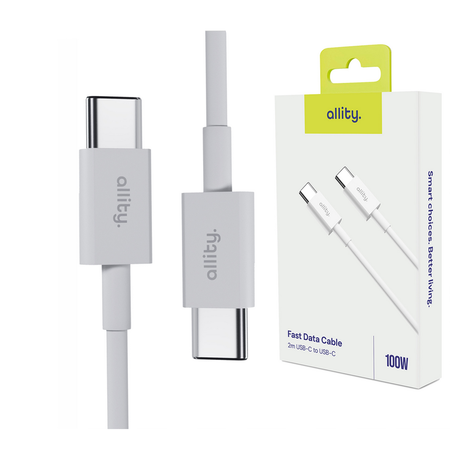 ALLITY AUC-03 kabel, USB-C na USB-C, 100W, 2m, univerzalni, polnjenje / napajanje / prenos podatkov, Plug&Play, odporen TPU/TPE, +Velcro trak, bel