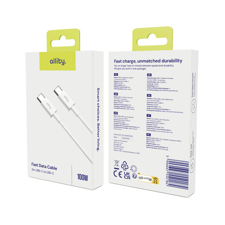 ALLITY AUC-03 kabel, USB-C na USB-C, 100W, 2m, univerzalni, polnjenje / napajanje / prenos podatkov, Plug&Play, odporen TPU/TPE, +Velcro trak, bel