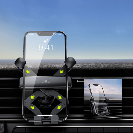 ALLITY ACH-100 avto nosilec za telefon, univerzalni, 4-točkovna opora za napravo, 360° vrtljivost, izjemna stabilnost, namestitev na režo za ventilacijo, črn