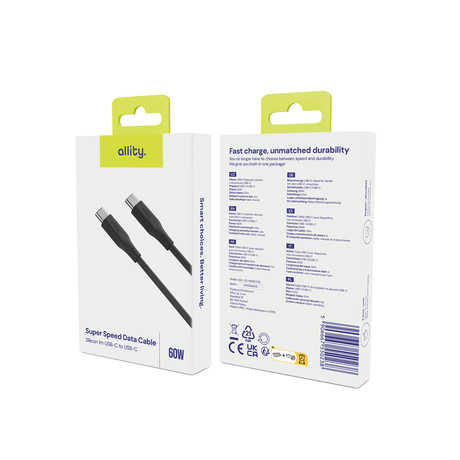ALLITY AUC-02 kabel, USB-C na USB-C, 60W, 1m, univerzalni, polnjenje / napajanje / prenos podatkov, Plug&Play, silikon, +Velcro trak, črn