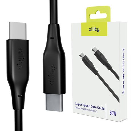 ALLITY AUC-02 kabel, USB-C na USB-C, 60W, 1m, univerzalni, polnjenje / napajanje / prenos podatkov, Plug&Play, silikon, +Velcro trak, črn