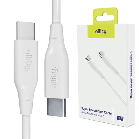 ALLITY AUC-02 kabel, USB-C na USB-C, 60W, 2m, univerzalni, polnjenje / napajanje / prenos podatkov, Plug&Play, silikon, +Velcro trak, bel
