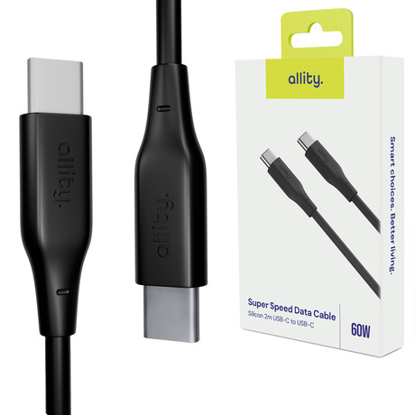 ALLITY AUC-02 kabel, USB-C na USB-C, 60W, 2m, univerzalni, polnjenje / napajanje / prenos podatkov, Plug&Play, silikon, +Velcro trak, črn
