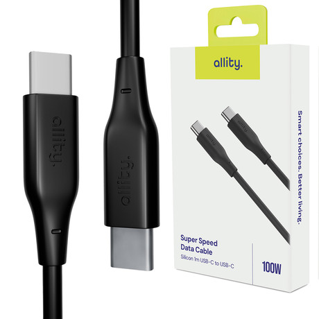 ALLITY AUC-02 kabel, USB-C na USB-C, 100W, 1m, univerzalni, polnjenje / napajanje / prenos podatkov, Plug&Play, silikon, +Velcro trak, črn