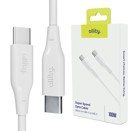 ALLITY AUC-02 kabel, USB-C na USB-C, 100W, 2m, univerzalni, polnjenje / napajanje / prenos podatkov, Plug&Play, silikon, +Velcro trak, bel