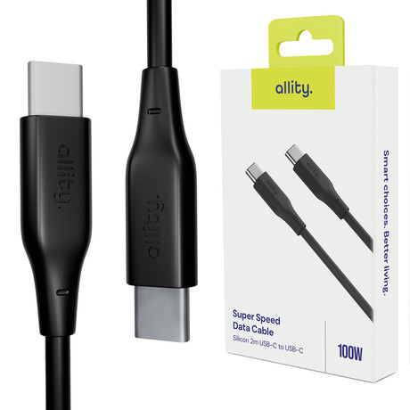 ALLITY AUC-02 kabel, USB-C na USB-C, 100W, 2m, univerzalni, polnjenje / napajanje / prenos podatkov, Plug&Play, silikon, +Velcro trak, črn