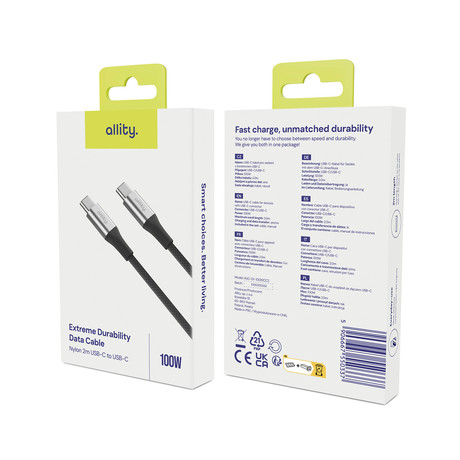 ALLITY AUC-01 kabel, USB-C na USB-C, 100W, 1m, univerzalni, polnjenje, napajanje, prenos podatkov, Plug&Play, najlon, črn