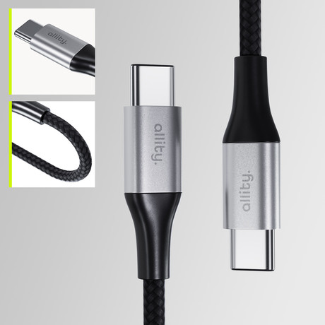 ALLITY AUC-01 kabel, USB-C na USB-C, 100W, 1m, univerzalni, polnjenje, napajanje, prenos podatkov, Plug&Play, najlon, črn