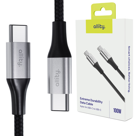 ALLITY AUC-01 kabel, USB-C na USB-C, 100W, 1m, univerzalni, polnjenje, napajanje, prenos podatkov, Plug&Play, najlon, črn